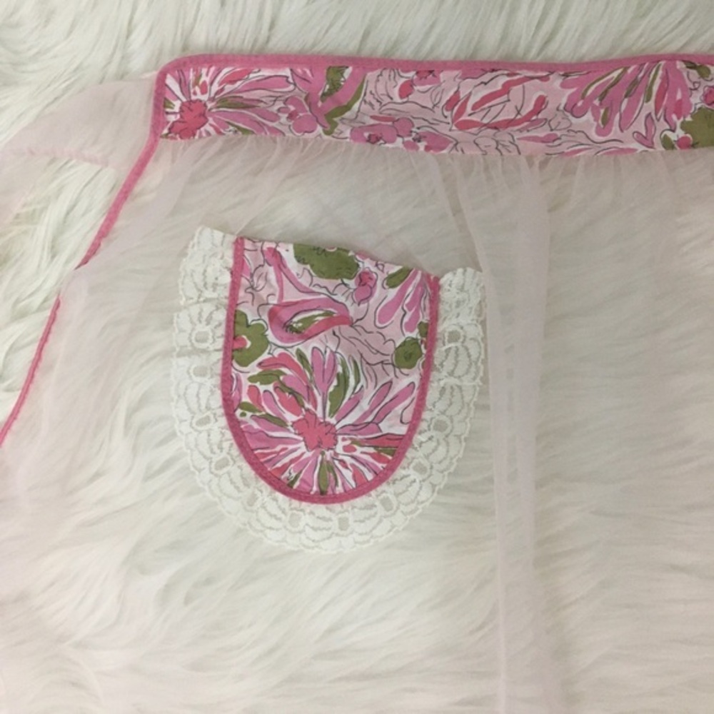 Vintage Pink Half Apron Sheer Chiffon Abstract Lace Tie Back Hostess - Picture 12 of 15